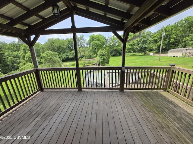 1824 Smalsh Barrick Rd, Middleburg, PA 17842 - wooden terrace with a lawn, view of wooded area, and an outbuilding