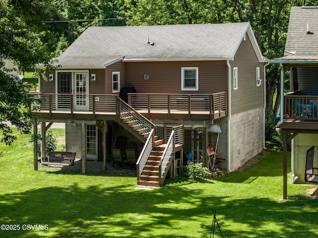 378 Drinker St, Bloomsburg, PA 17815 - rear view of property with stairway, a wooden deck, a yard, and a shingled roof