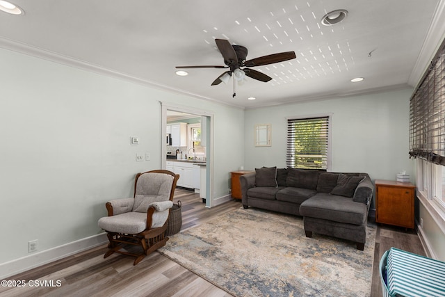 378 Drinker St, Bloomsburg, PA 17815 - living room with ornamental molding, wood finished floors, ceiling fan, and recessed lighting