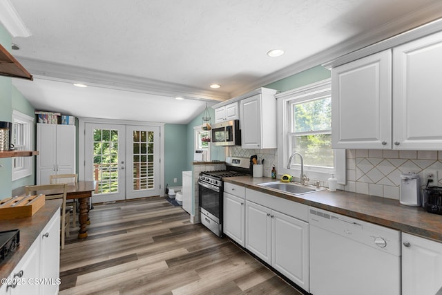 378 Drinker St, Bloomsburg, PA 17815 - kitchen with appliances with stainless steel finishes, dark countertops, french doors, white cabinetry, and recessed lighting