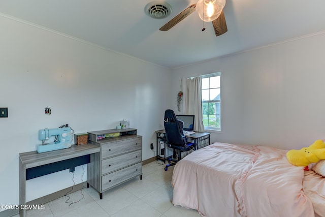 909 Fair St, Nescopeck, PA 18635 - bedroom with ornamental molding, an office area, a ceiling fan, and light tile patterned floors