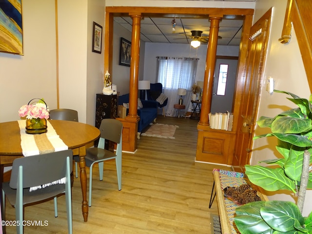 4 N Rock St, Shamokin, PA 17872 - dining room with ornate columns, light wood-type flooring, and ceiling fan
