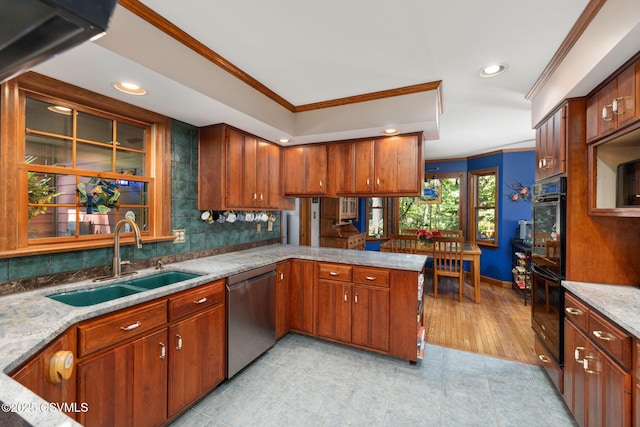 68 March Cir, Winfield, PA 17889 - kitchen featuring dishwasher, crown molding, a peninsula, recessed lighting, and decorative backsplash