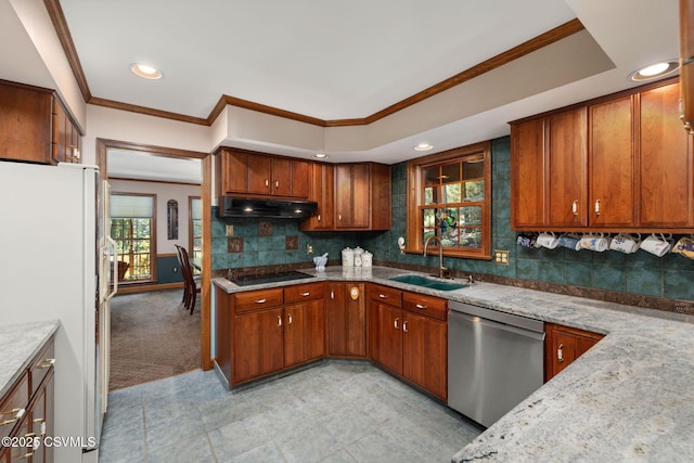 68 March Cir, Winfield, PA 17889 - kitchen featuring stainless steel dishwasher, freestanding refrigerator, under cabinet range hood, ornamental molding, and black electric stovetop