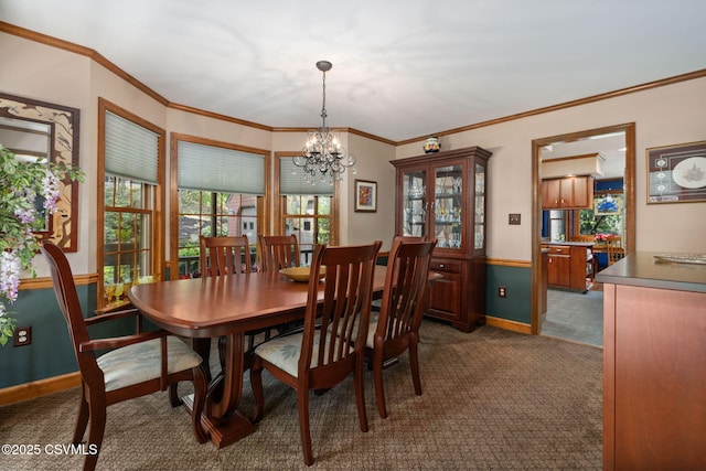 68 March Cir, Winfield, PA 17889 - dining room with dark colored carpet, a chandelier, and ornamental molding