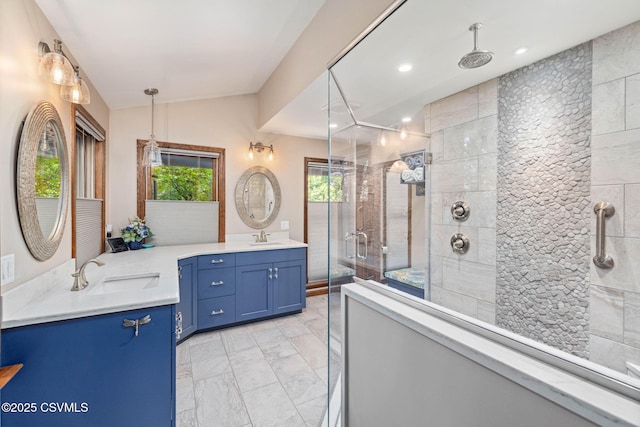 68 March Cir, Winfield, PA 17889 - bathroom featuring a shower stall, vanity, marble finish floors, and recessed lighting