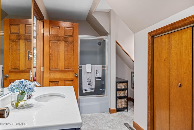 68 March Cir, Winfield, PA 17889 - bathroom featuring vanity, lofted ceiling, and enclosed tub / shower combo