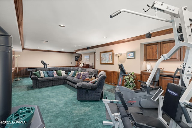 68 March Cir, Winfield, PA 17889 - carpeted living area featuring a wainscoted wall, ornamental molding, recessed lighting, and wood walls