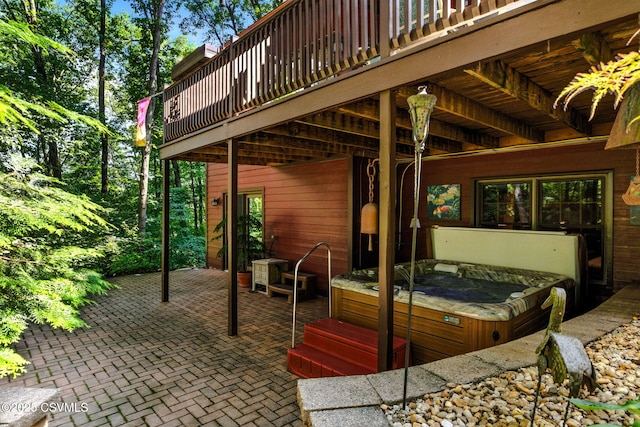 68 March Cir, Winfield, PA 17889 - view of patio featuring a hot tub and a wooden deck