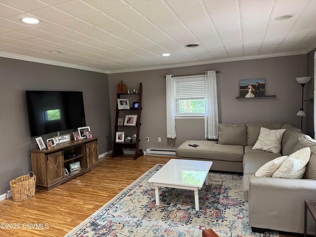 150 Blue Spruce Ln, Shamokin, PA 17872 - living room with baseboard heating, ornamental molding, wood finished floors, and recessed lighting
