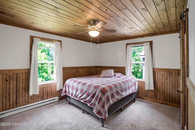 4792 Muncy Exchange Rd, Turbotville, PA 17772 - carpeted bedroom with wainscoting, wood walls, wooden ceiling, a baseboard radiator, and ceiling fan