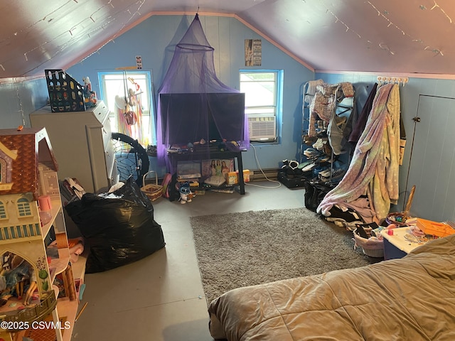 214 N Vine St, Shamokin, PA 17872 - bedroom with concrete floors, lofted ceiling, and cooling unit