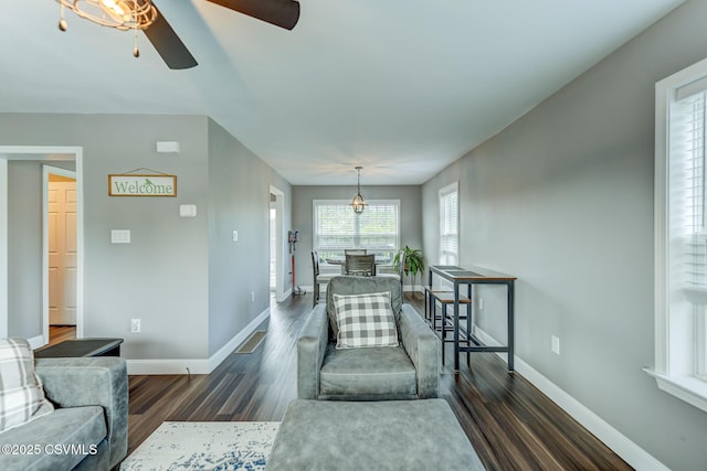 5 Williamsburg Blvd, Bloomsburg, PA 17815 - living room featuring dark wood-style floors and a ceiling fan