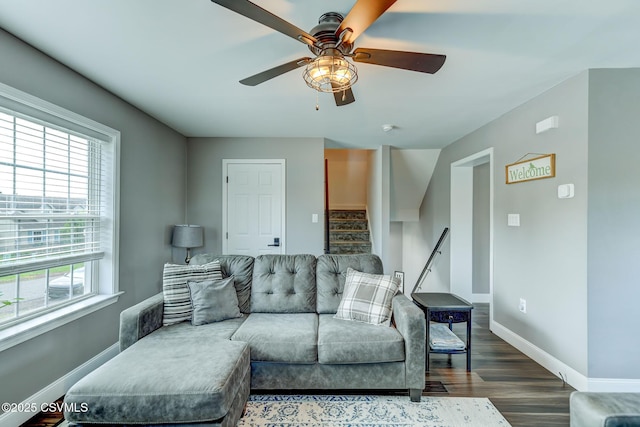 5 Williamsburg Blvd, Bloomsburg, PA 17815 - living area featuring a ceiling fan, stairs, healthy amount of natural light, and wood finished floors