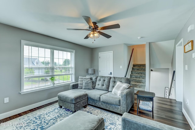 5 Williamsburg Blvd, Bloomsburg, PA 17815 - living room with wood finished floors, ceiling fan, and stairway