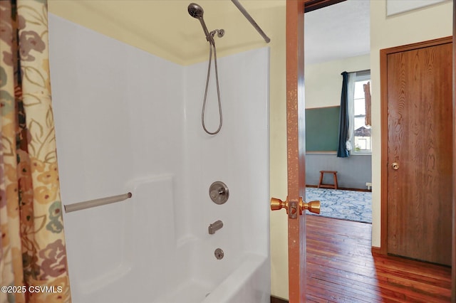 12 State School Rd, Selinsgrove, PA 17870 - full bath featuring hardwood / wood-style floors and shower / bath combo with shower curtain