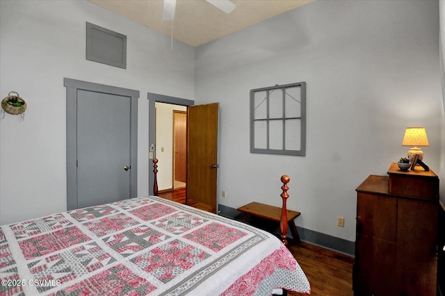 12 State School Rd, Selinsgrove, PA 17870 - bedroom featuring dark wood-style flooring, a high ceiling, and a ceiling fan
