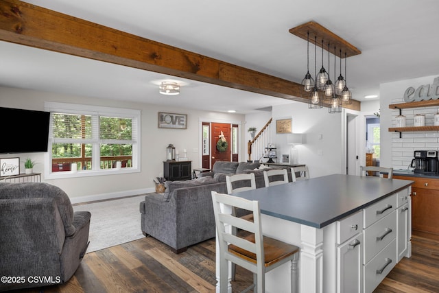 178 Schooners Run, Shickshinny, PA 18655 - kitchen featuring dark countertops, open floor plan, dark wood-type flooring, and beam ceiling