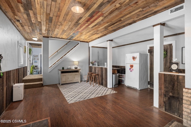 178 Schooners Run, Shickshinny, PA 18655 - below grade area with freestanding refrigerator, wood finished floors, stairway, and wooden ceiling