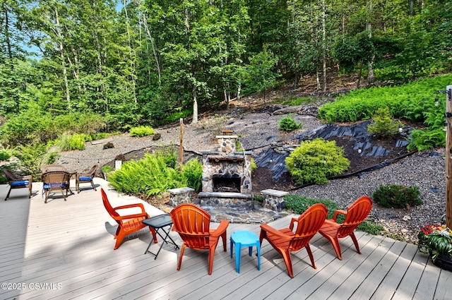178 Schooners Run, Shickshinny, PA 18655 - wooden deck with an outdoor stone fireplace and a forest view
