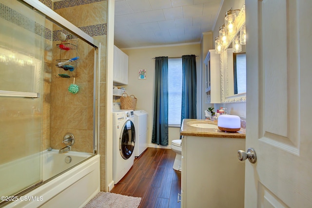 4429 Rte 204, Selinsgrove, PA 17870 - bathroom featuring vanity, washing machine and dryer, crown molding, combined bath / shower with glass door, and wood finished floors