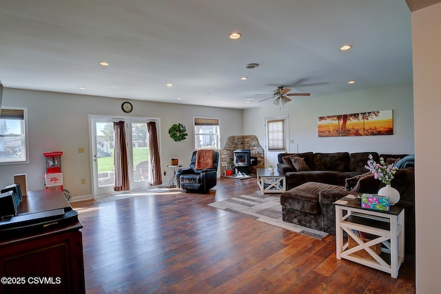 4429 Rte 204, Selinsgrove, PA 17870 - living area with wood finished floors, a ceiling fan, recessed lighting, and a wood stove