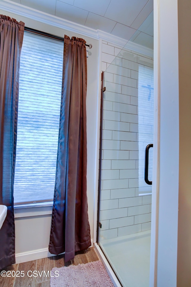 4429 Rte 204, Selinsgrove, PA 17870 - full bathroom featuring ornamental molding, wood finished floors, and a shower stall