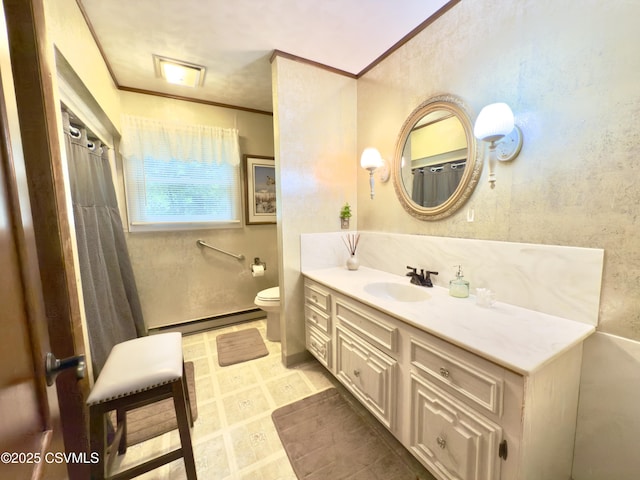 101 Twig Ln, Sunbury, PA 17801 - bathroom with baseboard heating, vanity, ornamental molding, and a shower with curtain