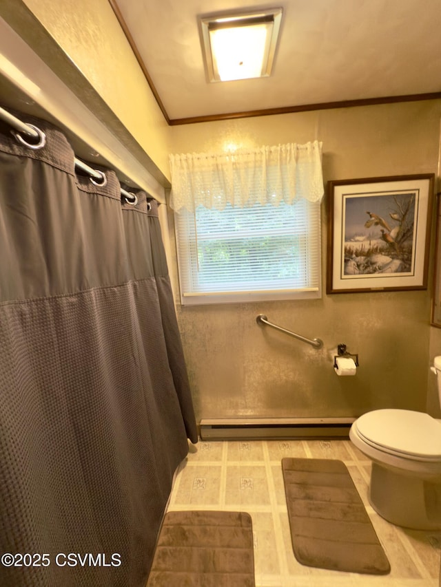101 Twig Ln, Sunbury, PA 17801 - bathroom featuring baseboard heating, crown molding, and a shower with curtain