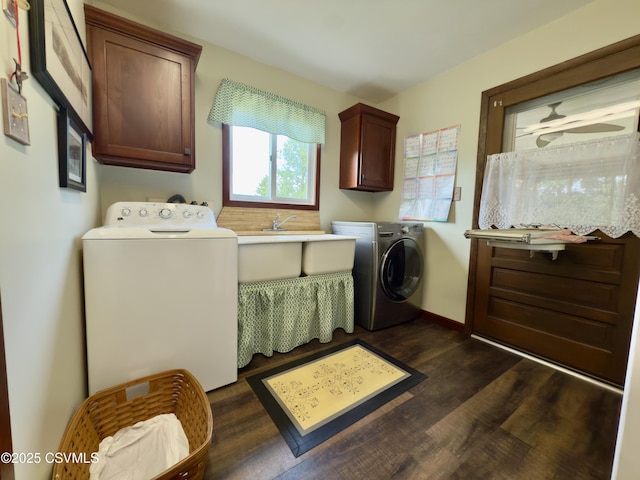 101 Twig Ln, Sunbury, PA 17801 - laundry room with cabinet space, washing machine and clothes dryer, and dark wood-style flooring