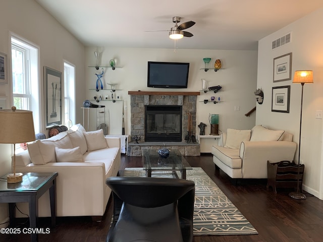 3 Walnut Rd, Lewisburg, PA 17837 - living area featuring a ceiling fan, wood finished floors, and a fireplace