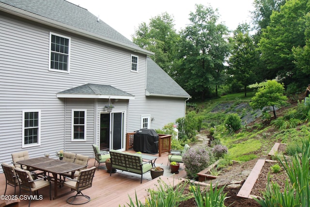3 Walnut Rd, Lewisburg, PA 17837 - wooden terrace with outdoor lounge area, outdoor dining area, grilling area, and view of scattered trees