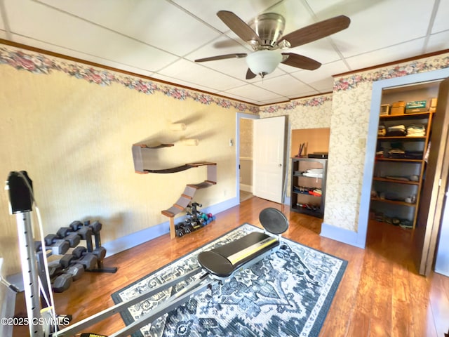 230 S 6th St, Shamokin, PA 17872 - workout area with wallpapered walls, ceiling fan, and wood finished floors