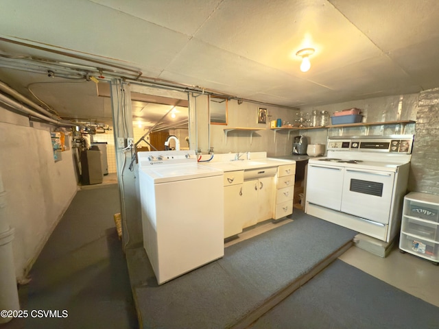 230 S 6th St, Shamokin, PA 17872 - kitchen with white electric range, washer and clothes dryer, light countertops, and open shelves