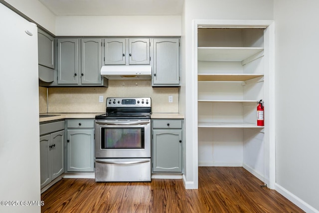 503 E Brugler Ave, Bloomsburg, PA 17815 - kitchen with stainless steel range with electric cooktop, under cabinet range hood, gray cabinetry, dark wood-style flooring, and light countertops