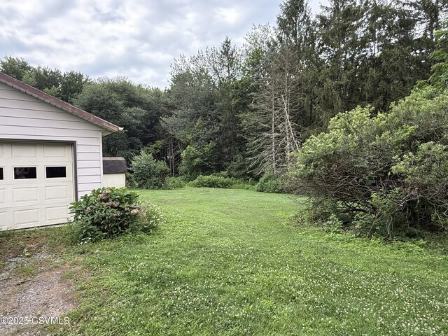 25 Wolfe Rd, Nescopeck, PA 18635 - view of green lawn with a garage and a wooded view