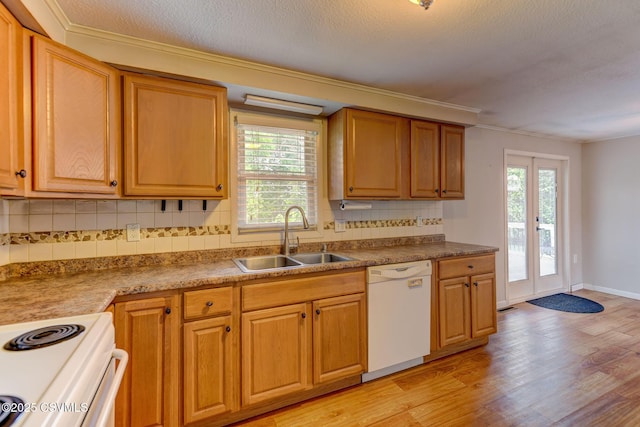 745 Liberty St, Danville, PA 17821 - kitchen featuring white appliances, light wood-style flooring, backsplash, ornamental molding, and a textured ceiling