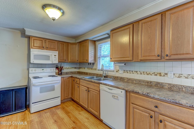 745 Liberty St, Danville, PA 17821 - kitchen featuring white appliances, ornamental molding, tasteful backsplash, light wood-style floors, and a textured ceiling