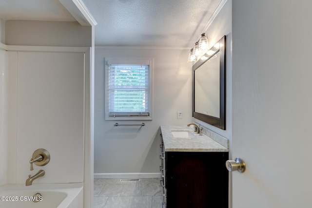 745 Liberty St, Danville, PA 17821 - bathroom with vanity, a textured ceiling, bathtub / shower combination, and ornamental molding
