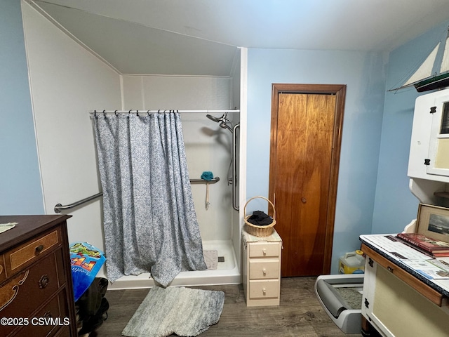 249 E Haas Manor Rd, Sunbury, PA 17801 - bathroom with wood finished floors, a shower stall, and vanity