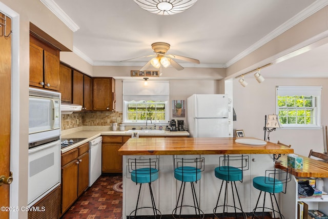 725 Avenue Ave E, Danville, PA 17821 - kitchen with white appliances, butcher block counters, healthy amount of natural light, backsplash, and crown molding