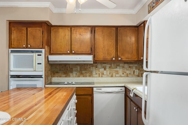 725 Avenue Ave E, Danville, PA 17821 - kitchen featuring white appliances, butcher block counters, under cabinet range hood, brown cabinetry, and ornamental molding