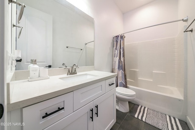 11512 Cepheus Rd, Bellemont, AZ 86015 - bathroom with shower / tub combo with curtain, toilet, vanity, and tile patterned floors
