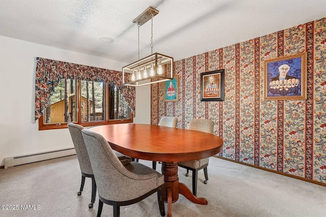 3120 W Tami Ln, Flagstaff, AZ 86001 - dining space with a baseboard heating unit, carpet flooring, a textured ceiling, a chandelier, and wallpapered walls