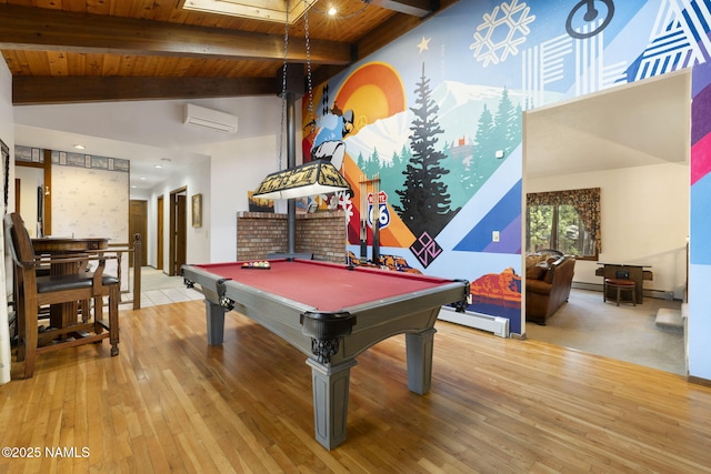 3120 W Tami Ln, Flagstaff, AZ 86001 - recreation room with a wall mounted air conditioner, wood ceiling, a baseboard heating unit, hardwood / wood-style floors, and billiards
