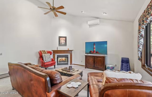 3120 W Tami Ln, Flagstaff, AZ 86001 - living room featuring lofted ceiling, a wall mounted AC, carpet floors, ceiling fan, and a fireplace