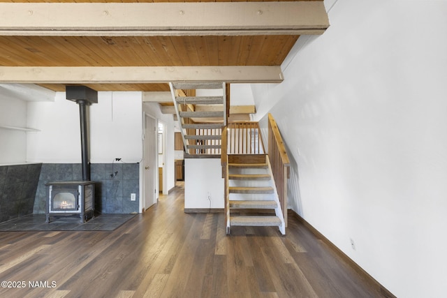 937 Osage, Flagstaff, AZ 86005 - stairs featuring a wood stove, beamed ceiling, wood finished floors, and wooden ceiling