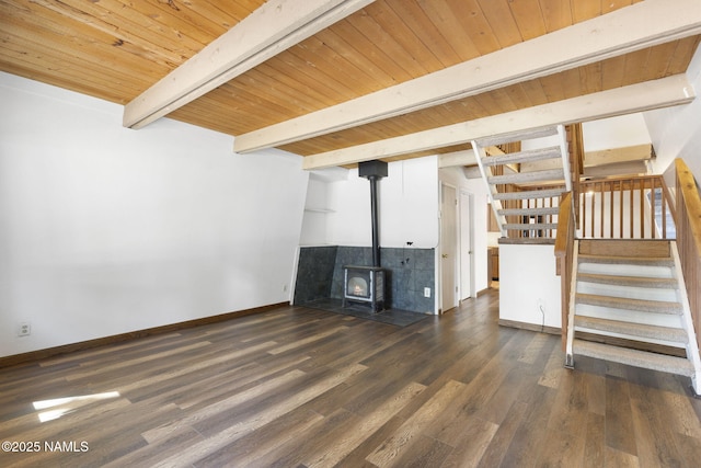 937 Osage, Flagstaff, AZ 86005 - unfurnished living room with beamed ceiling, stairway, a wood stove, wooden ceiling, and wood finished floors
