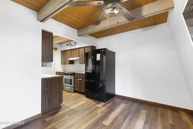 937 Osage, Flagstaff, AZ 86005 - kitchen with freestanding refrigerator, stainless steel range with electric cooktop, wood ceiling, beam ceiling, and baseboards