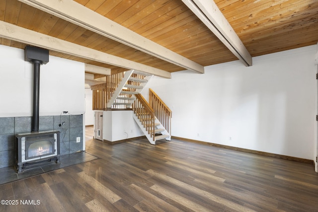 937 Osage, Flagstaff, AZ 86005 - unfurnished living room featuring beamed ceiling, baseboards, wood ceiling, stairs, and wood finished floors